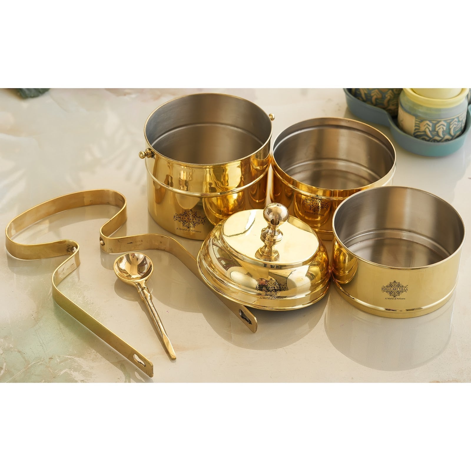 Brass Vintage Design Plain Tiffin with Tin Lining, Traditional Tiffin Box with Spoon, 3 Piece