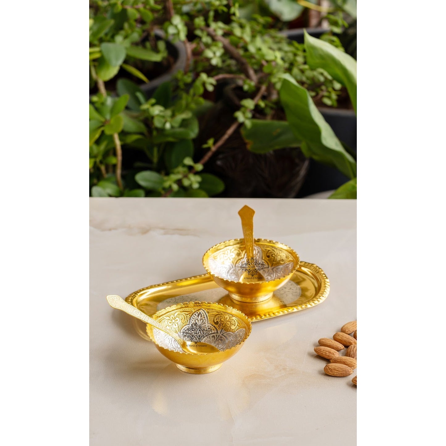 Silver Plated Gold Polished Embossed Floral Design 2 Bowl Set With 2 Spoons & 1 Tray