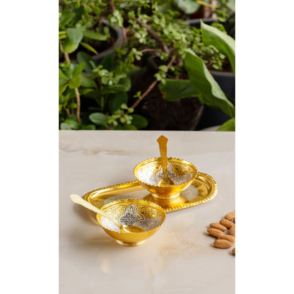 Silver Plated Gold Polished Embossed Floral Design 2 Bowl Set With 2 Spoons & 1 Tray