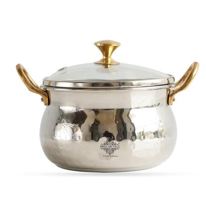 Steel Handi Hammered Design Bowl with Glass Lid Brass Knob &  Handles   – 950 ML,  Tableware & Serveware