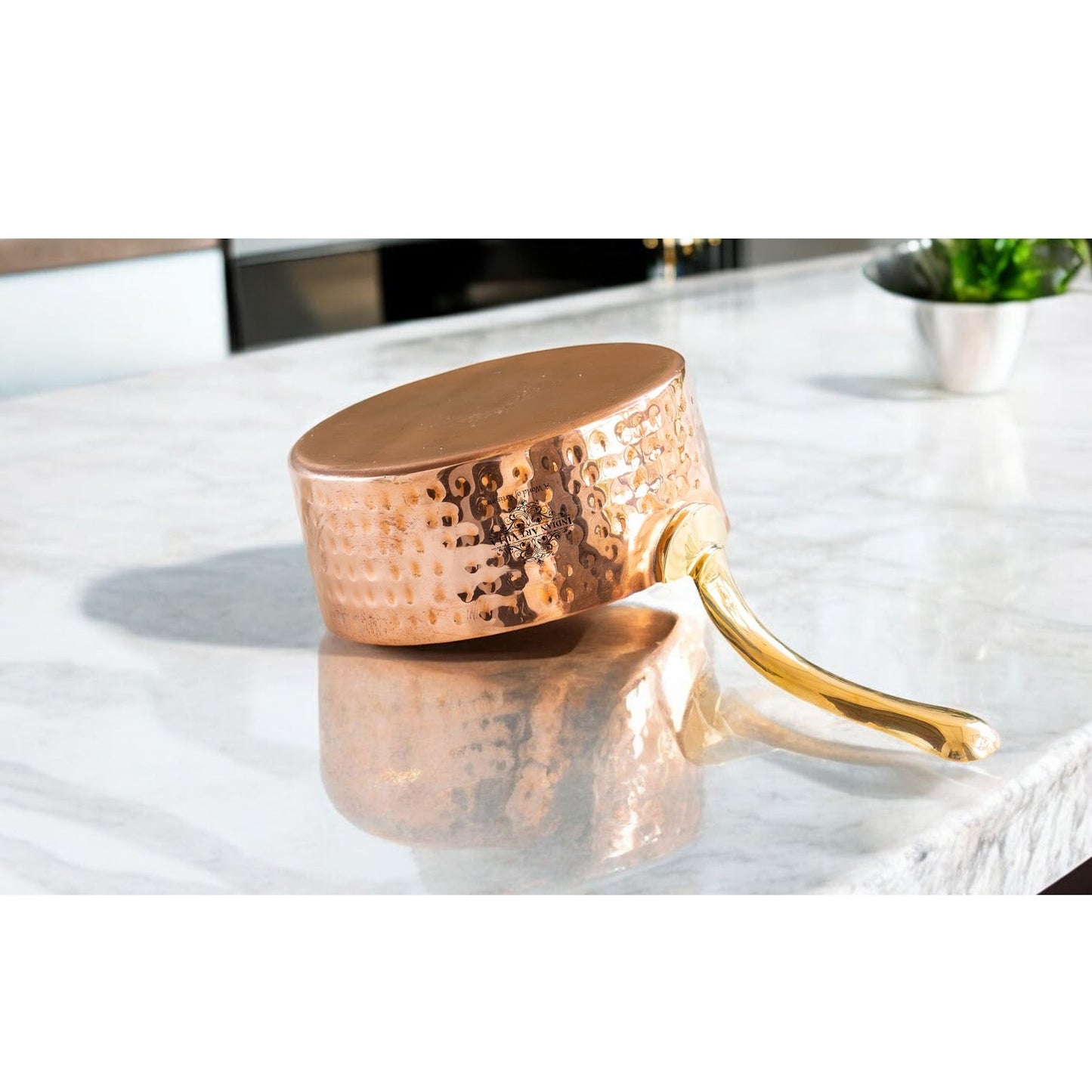 Pure Copper Hammered Tin Lining Round Sauce Pan Brass Stand
