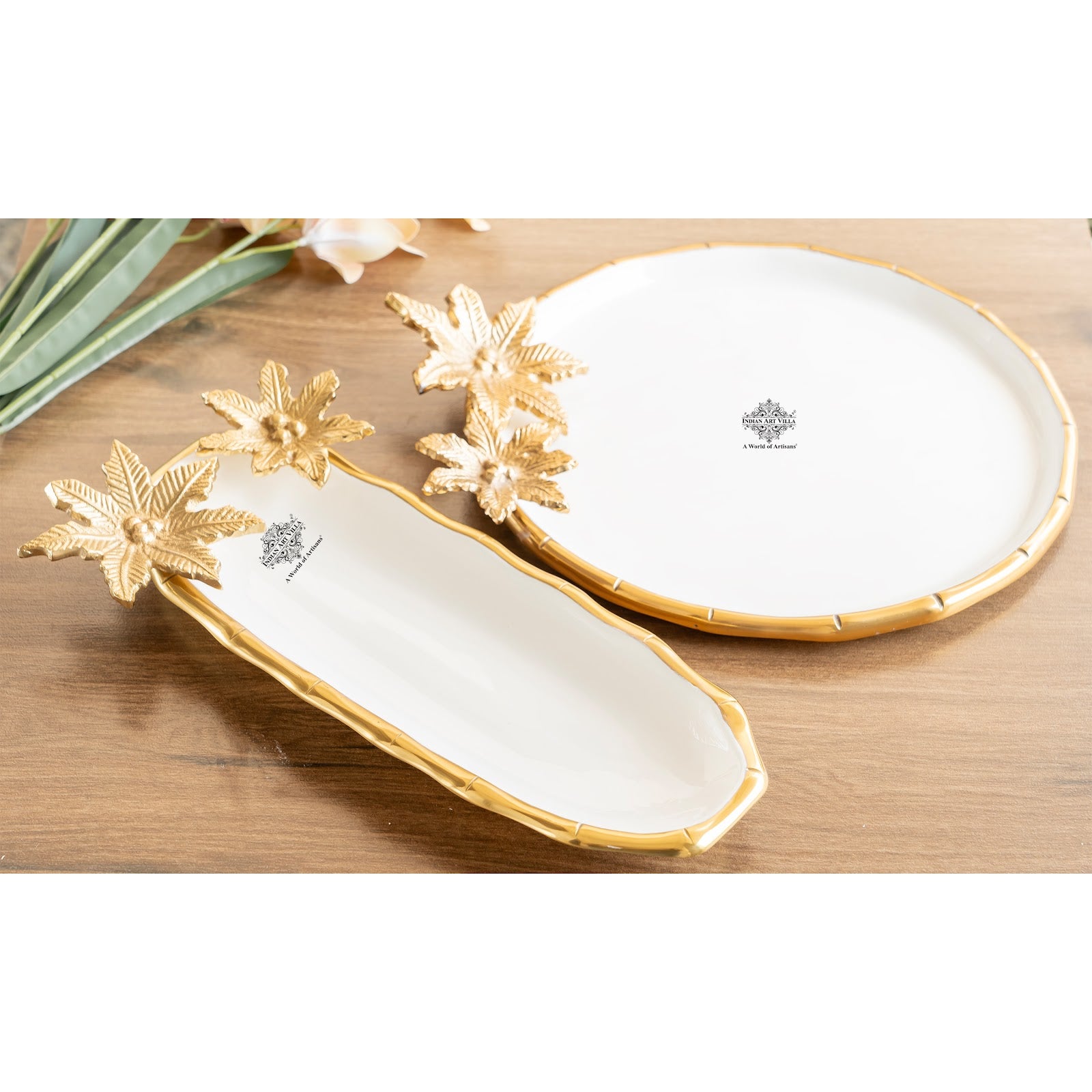 Brass Finish Decorative Serving Plate with Flower Design, Oval Platter, Elegant Tableware for Snacks, Dry Fruits, Gifting, and Home Décor.