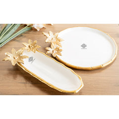 Brass Finish Decorative Serving Plate with Flower Design, Oval Platter, Elegant Tableware for Snacks, Dry Fruits, Gifting, and Home Décor.