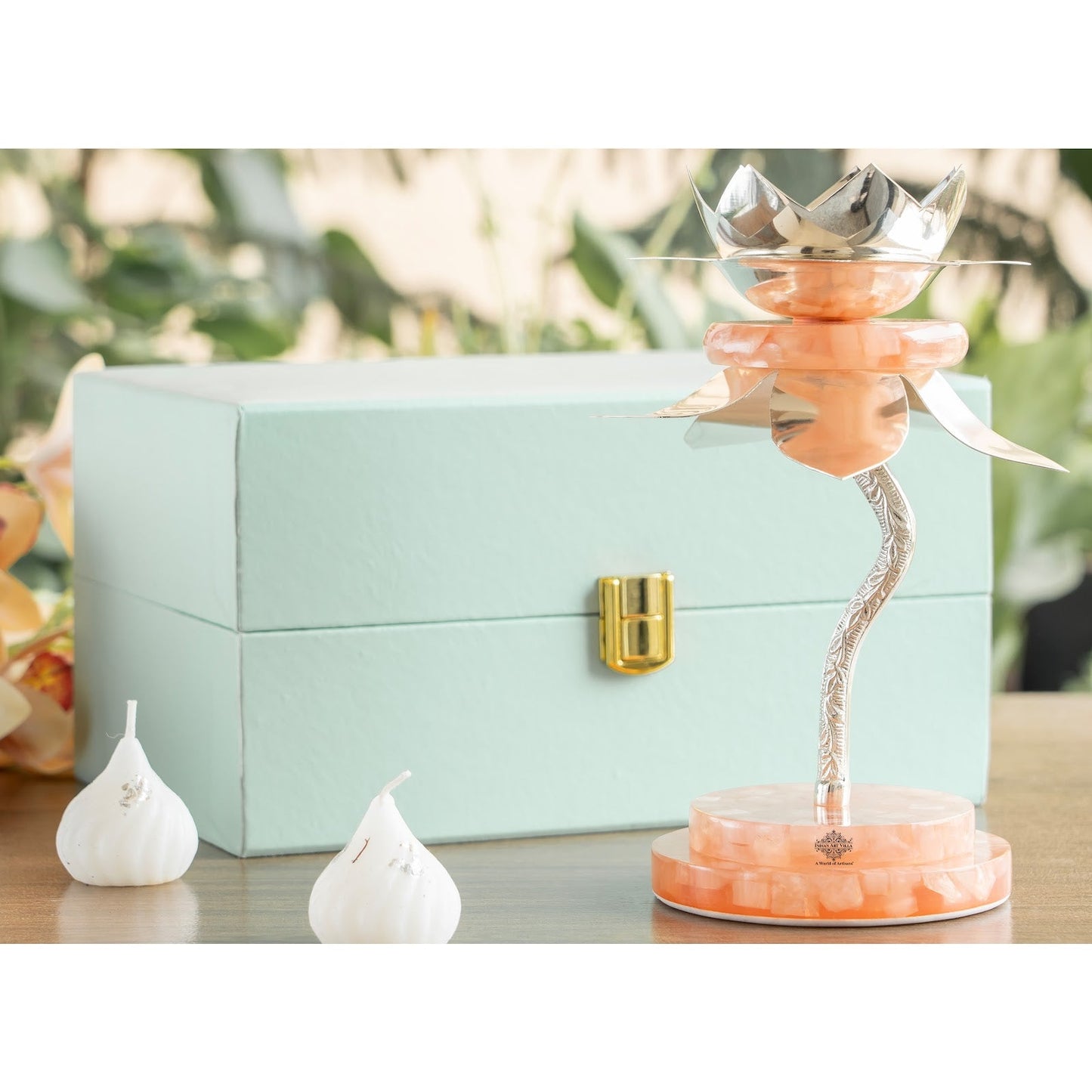 Silver Plated Resin Lamp Stand with Gift Box – Elegant Decorative Lotus Design, Perfcet For Home, Festival, Wedding And Premium Gifting