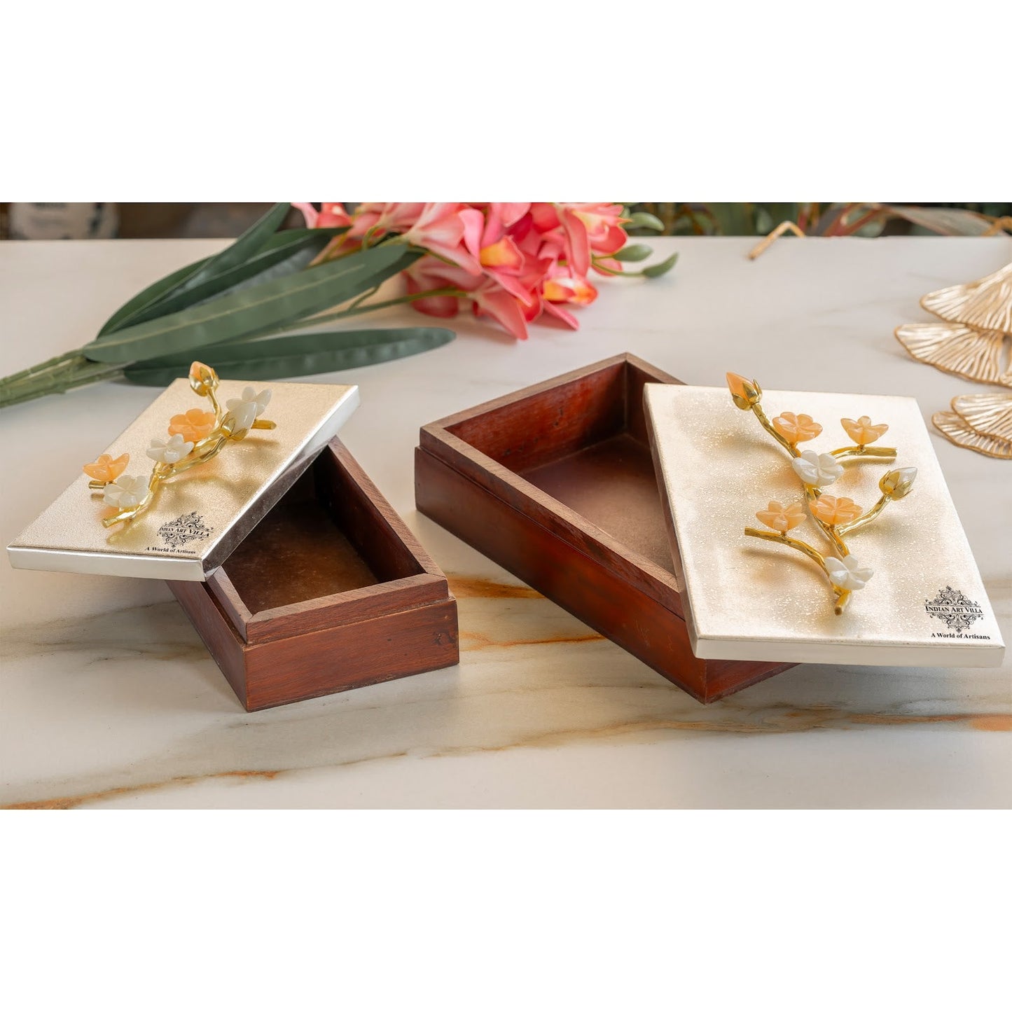 Wooden Decorative Box with Silver-Plated Leaf and Flower Design