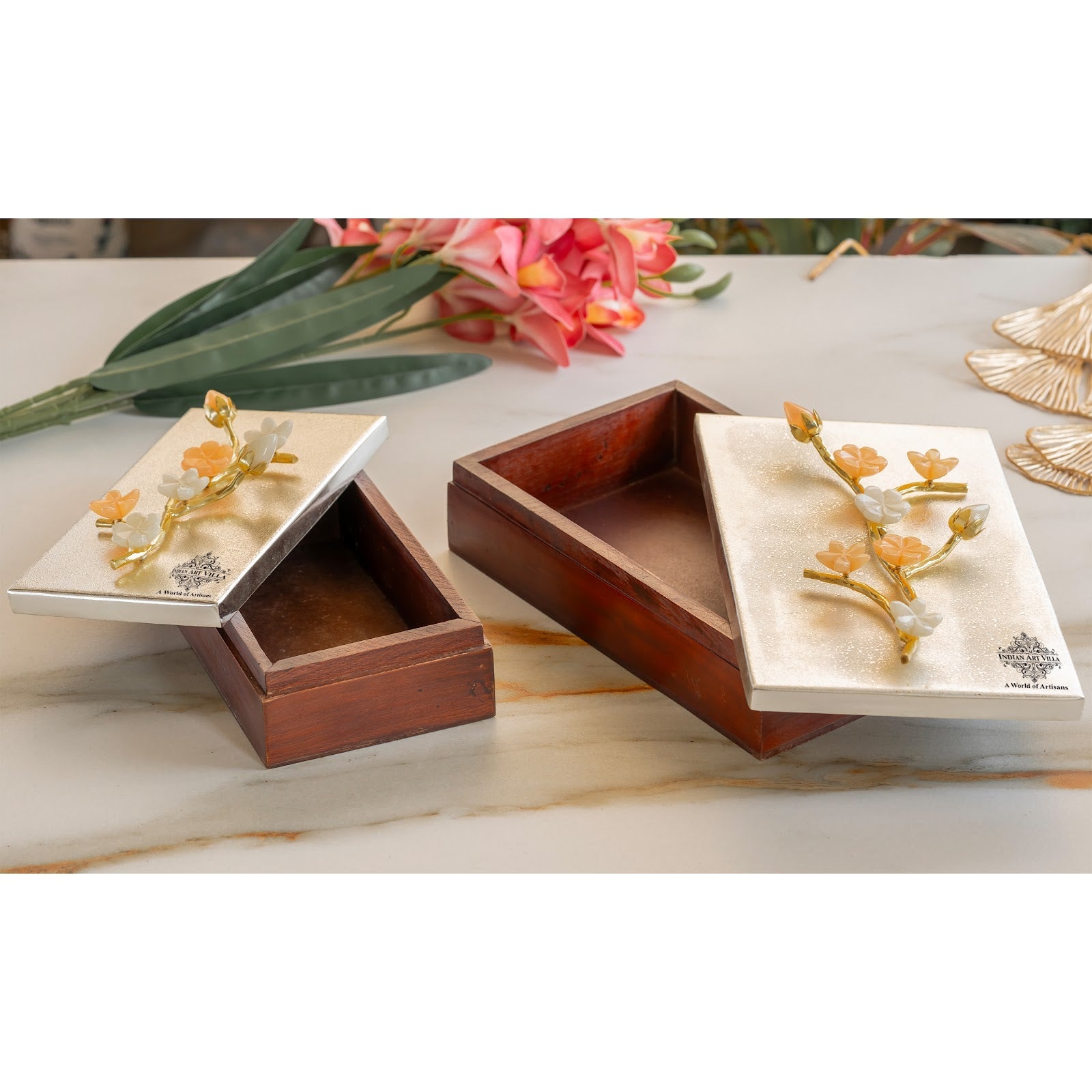 Wooden Decorative Box with Silver-Plated Leaf and Flower Design