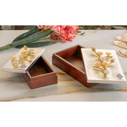 Wooden Decorative Box with Silver-Plated Leaf and Flower Design