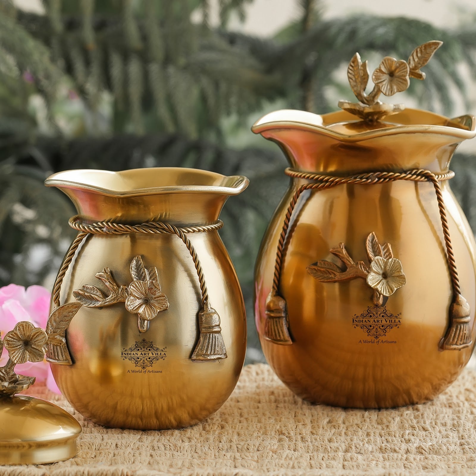Brass Decorative Handi with Tie Design on Neck and Flower Design Lid