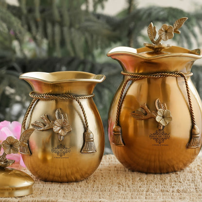 Brass Decorative Handi with Tie Design on Neck and Flower Design Lid