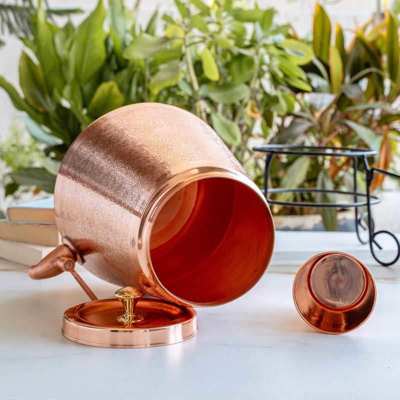 Copper Water Pot with Embossed Design,With Stand & Glass Pyramid shape - 5 Litre