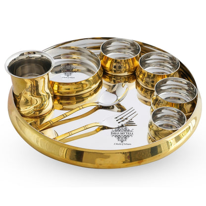 Steel Brass Curve Thali Set 9 Piece, Hammered Antique Finish Design Dinner Set