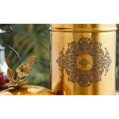 Brass Embossed Dign Jar with leaf knob on lid, Brass Decorative Storage Box