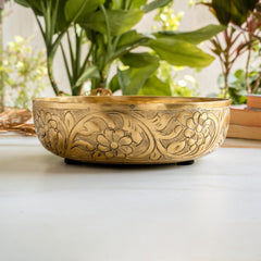 Brass Finish Urli Bowl with Floral Embossed Design