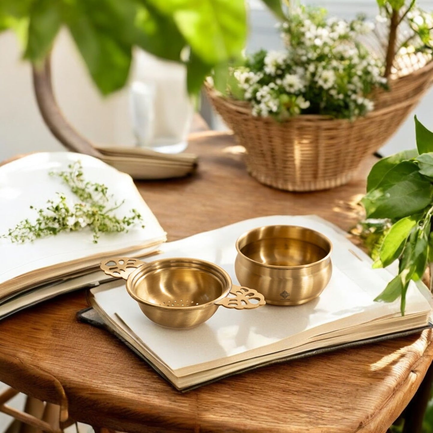 Brass Matt Finish Tea Infuser with Bowl Elegant Chai Chalani