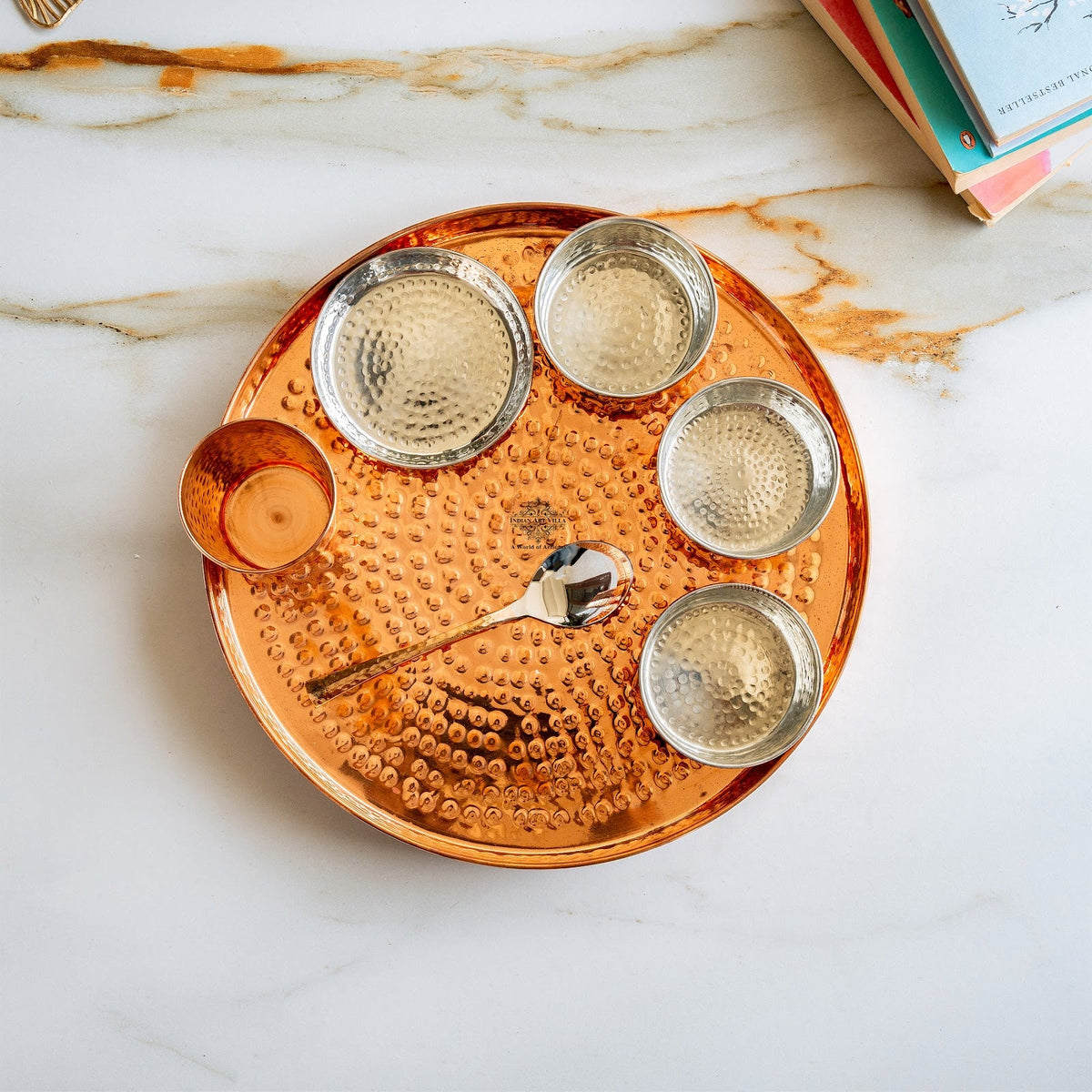 7-Piece Copper Dinner Set, Hammered Thali, 3 Katori, Plate, Glass & Spoon