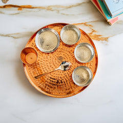7-Piece Copper Dinner Set, Hammered Thali, 3 Katori, Plate, Glass & Spoon