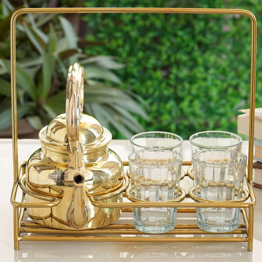 Handcrafted Pure Brass Shine Finish Design Tea Pot with Brass Stand with 4 Glass Tea Cup
