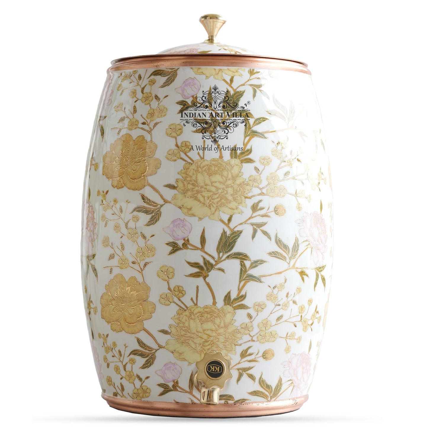 Handcrafted Pure Copper Water Pot with Gold Print Design, Ayurveda Water Vessel, 10 Ltr.