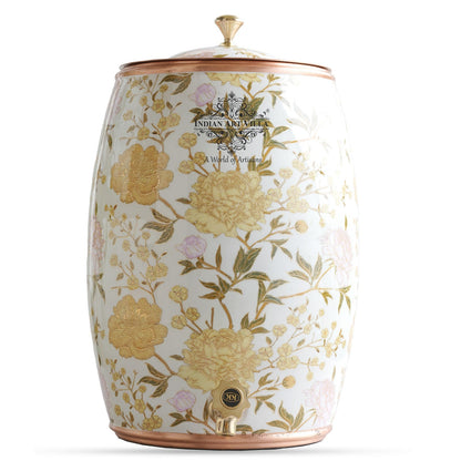 Handcrafted Pure Copper Water Pot with Gold Print Design, Ayurveda Water Vessel, 10 Ltr.