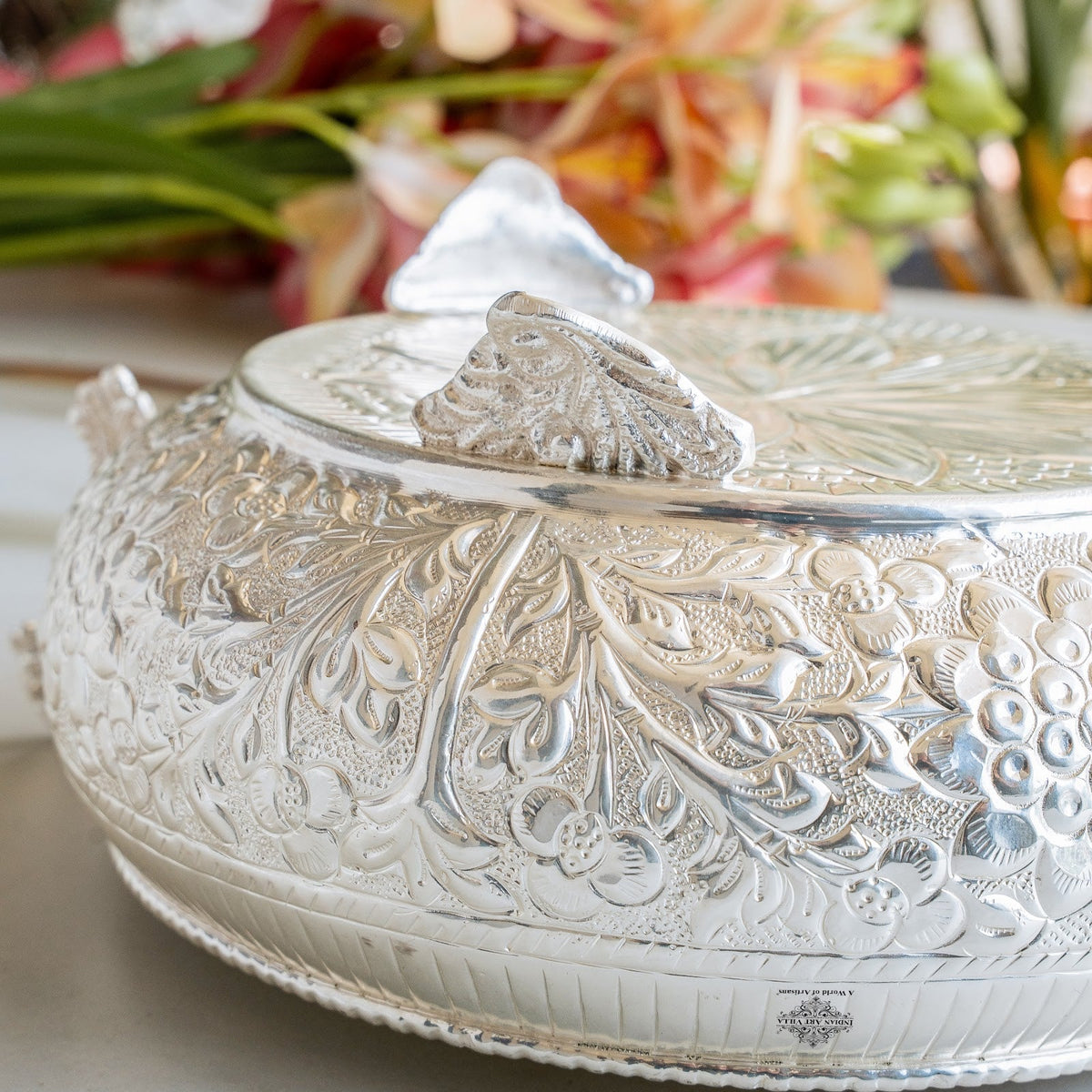 Silver Embossed Urli with Handles & Lotus Design for Home Décor - 1850 ML