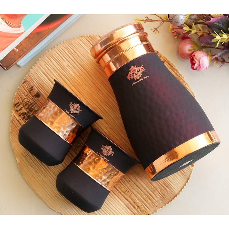 Pure Copper Bedroom Bottle with Two Copper Glasses - Silk Finish