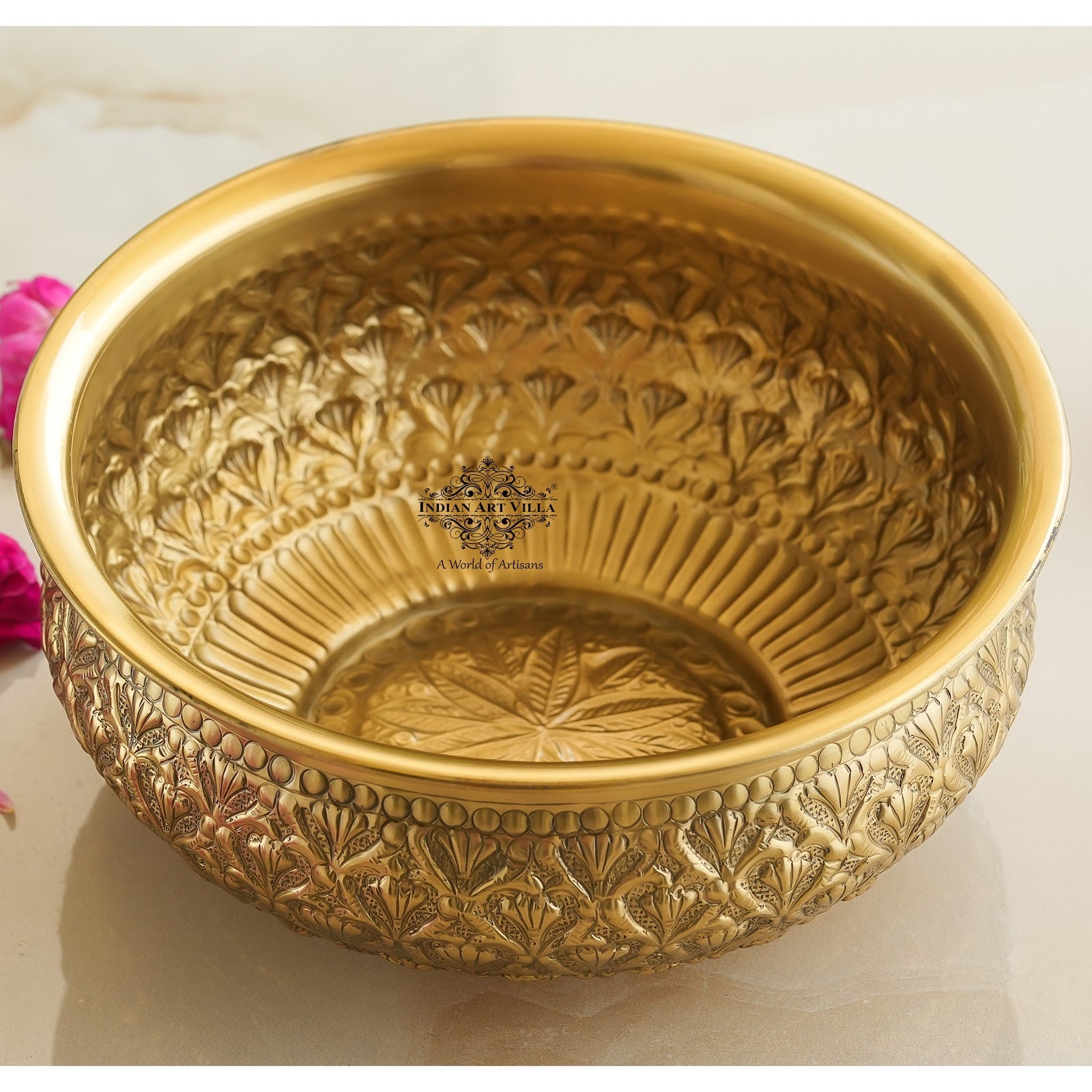 Handcrafted Brass Urli With Embossed Ornate Floral Design