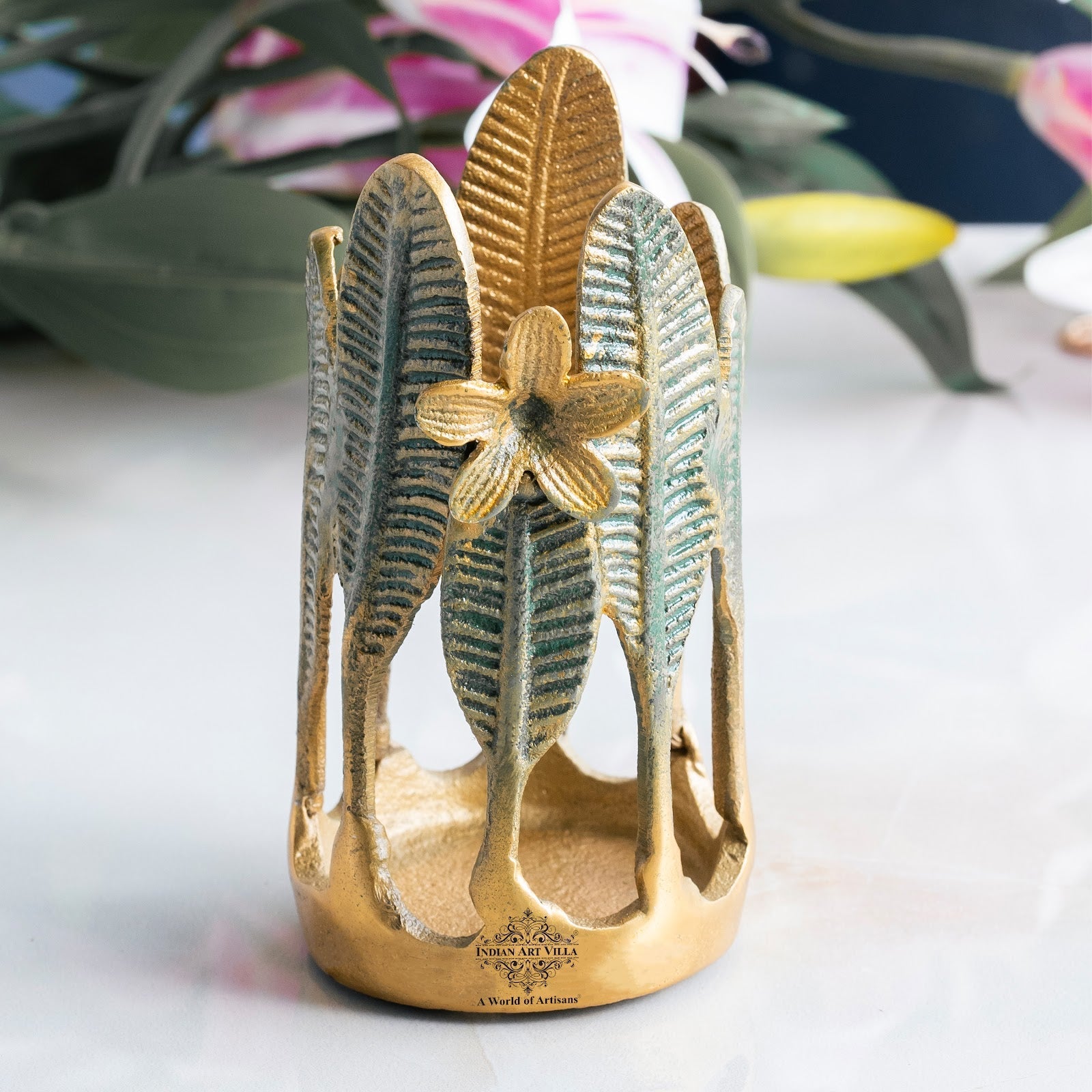 Gold Finish Green Leaf Design Decorative Cutlery Stand– Elegant Handcrafted Multipurpose Holder, Ideal for Dining Table, Kitchen, and Gifting