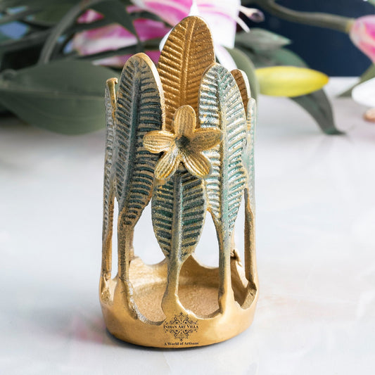 Gold Finish Green Leaf Design Decorative Cutlery Stand– Elegant Handcrafted Multipurpose Holder, Ideal for Dining Table, Kitchen, and Gifting