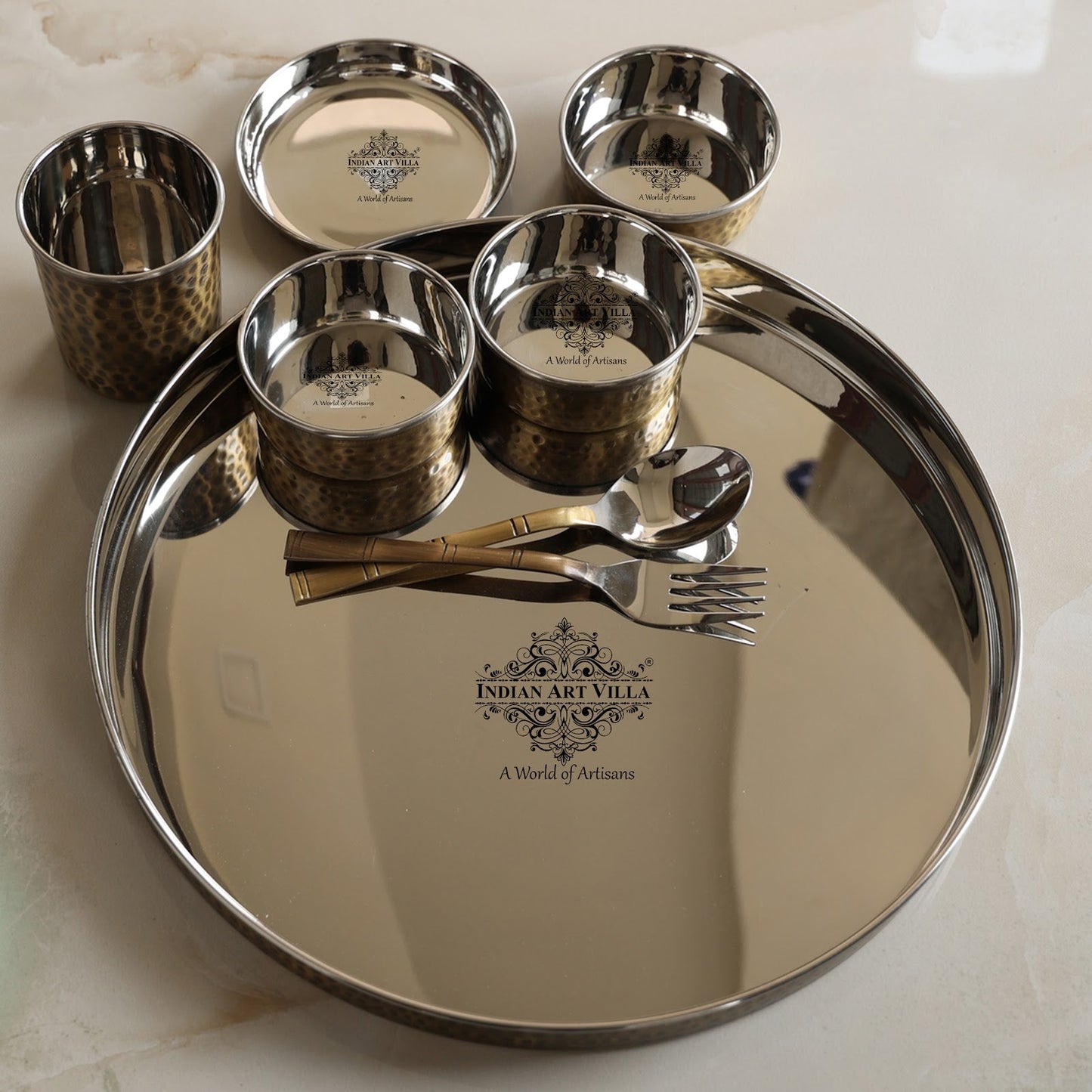 Steel Brass Hammered Design Thali Set/ Dinner Set, Antique finish, 33cm 8 Piece set