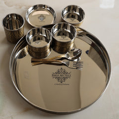 Steel Brass Hammered Design Thali Set/ Dinner Set, Antique finish, 33cm 8 Piece set