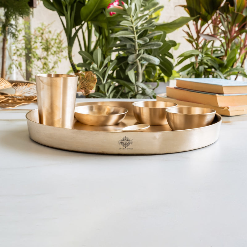 Bronze Dinner Set, 6-Piece with Thali, 2 Katori, Glass, Halwa Plate & Spoon