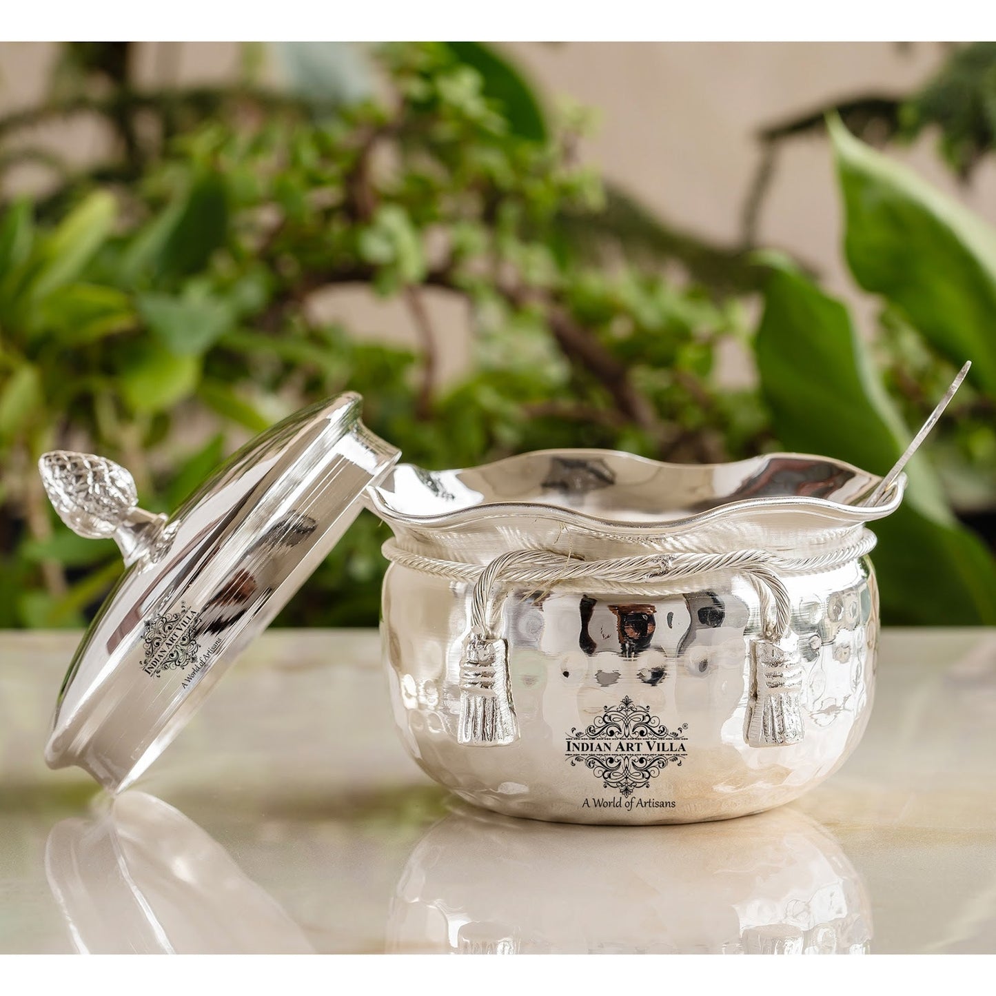 Luxury Silver-Plated Bowl with Hammered Finish & Matching Spoon – Elegant Gift Set for All Occasions