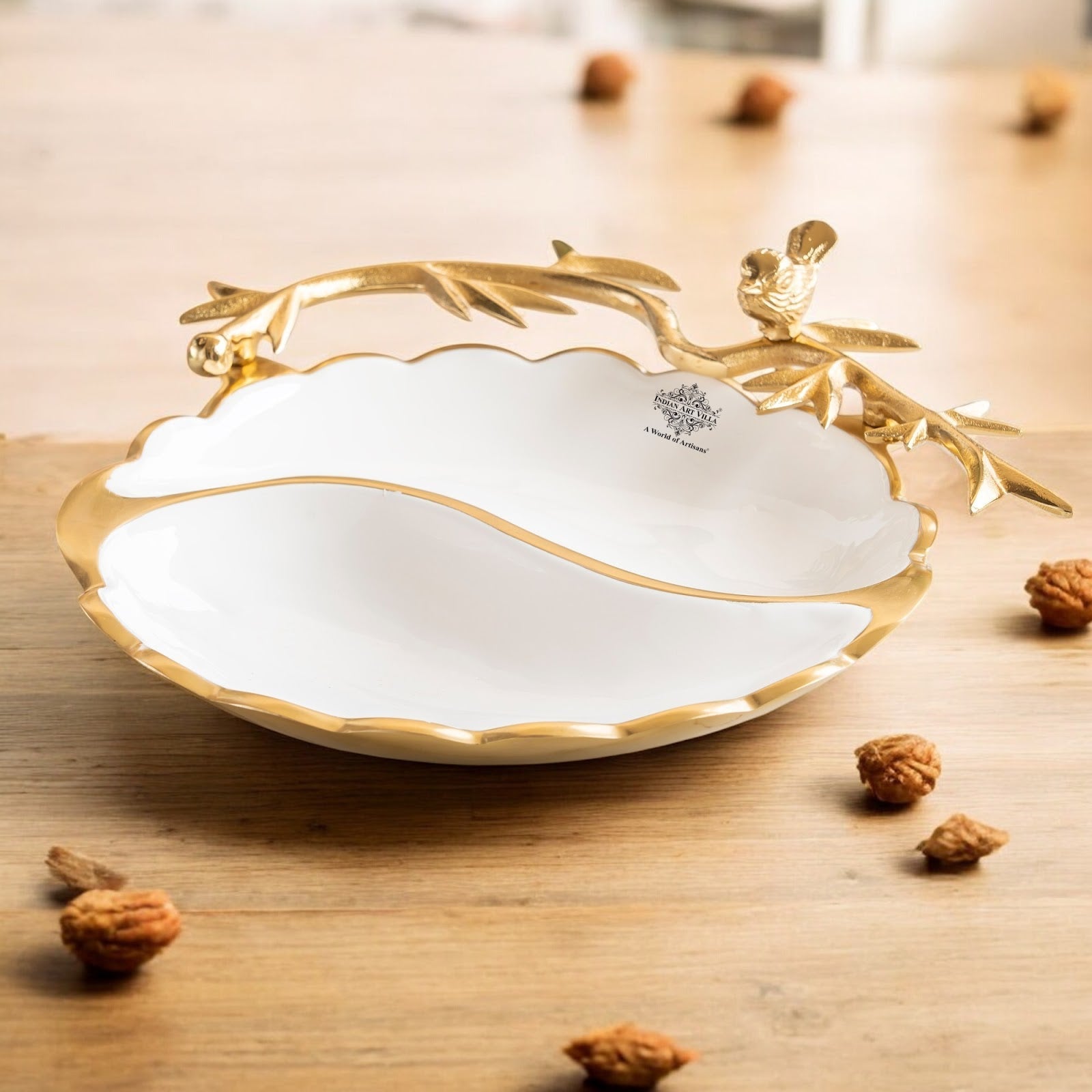 Brass Finish Decorative Serving Platter with Bird Design, Serveware for Home Décor, Gifting, and Special Occasions