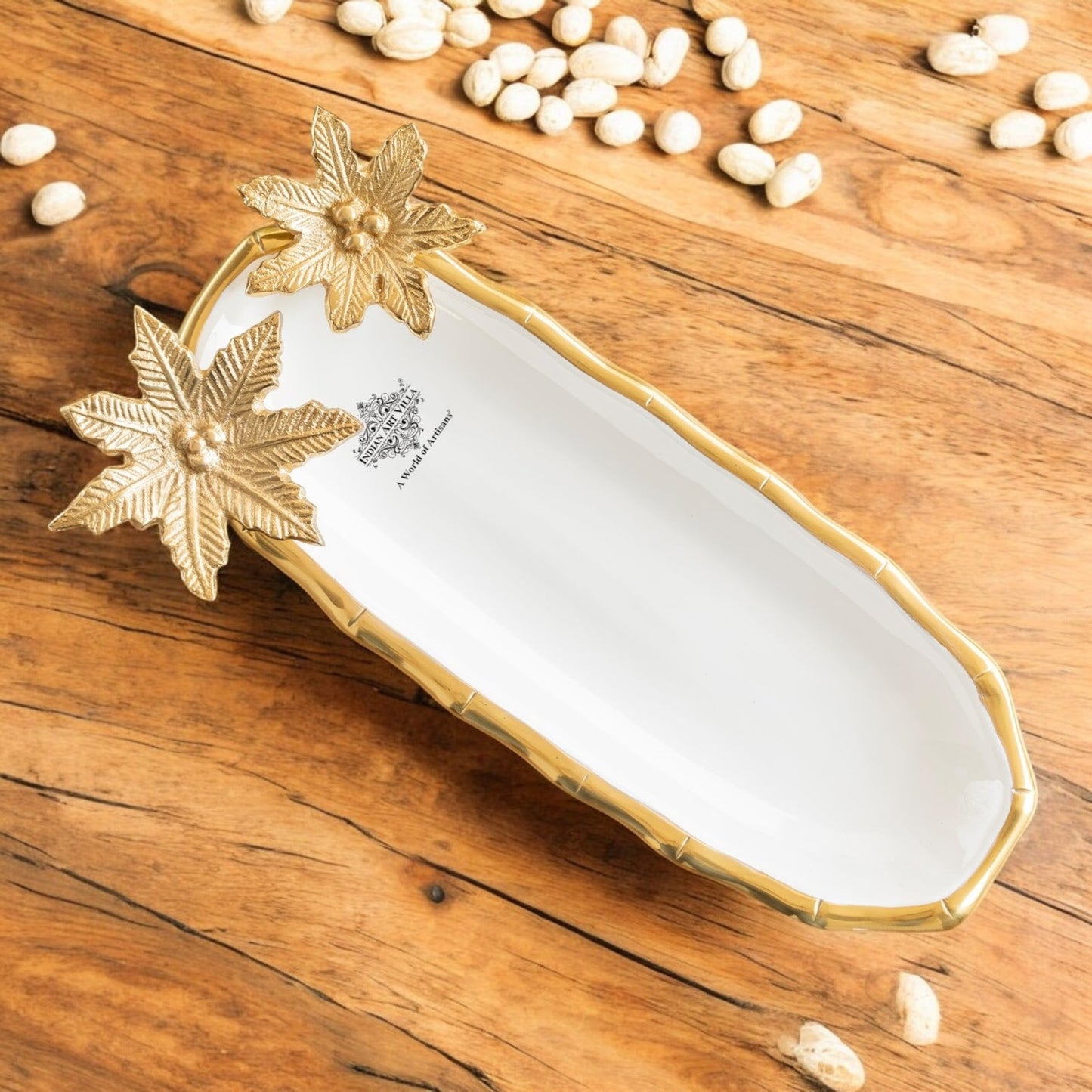 Brass Finish Decorative Serving Plate with Flower Design, Oval Platter, Elegant Tableware for Snacks, Dry Fruits, Gifting, and Home Décor.