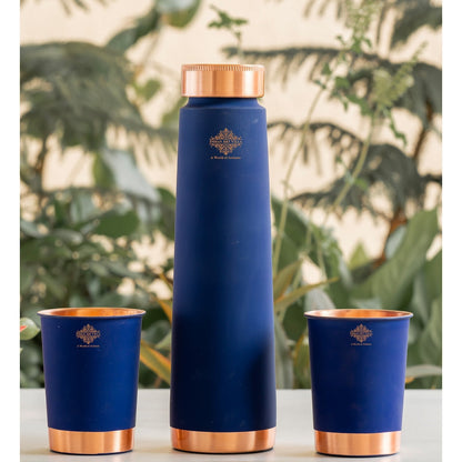 Pure Copper Bottle And Glass Set With Silk Finish Pyramid Design