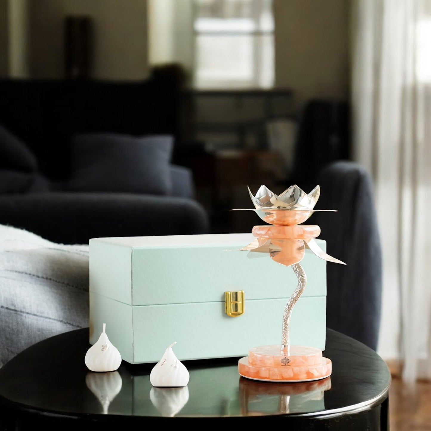 Silver Plated Resin Lamp Stand with Gift Box – Elegant Decorative Lotus Design, Perfcet For Home, Festival, Wedding And Premium Gifting