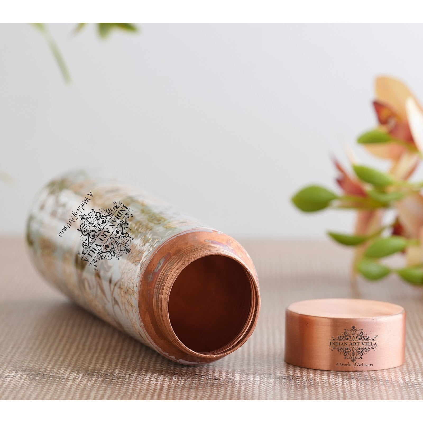 Pure Copper Water Bottle with Pyramid Shape Gold Print Design, 800 ML