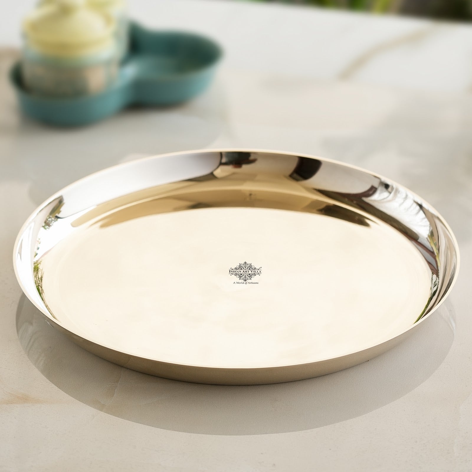 Handcrafted Pure Bronze Thali with China border, Dinnerware, Servware, Tableware, 2.54 cm,11.5 dia.