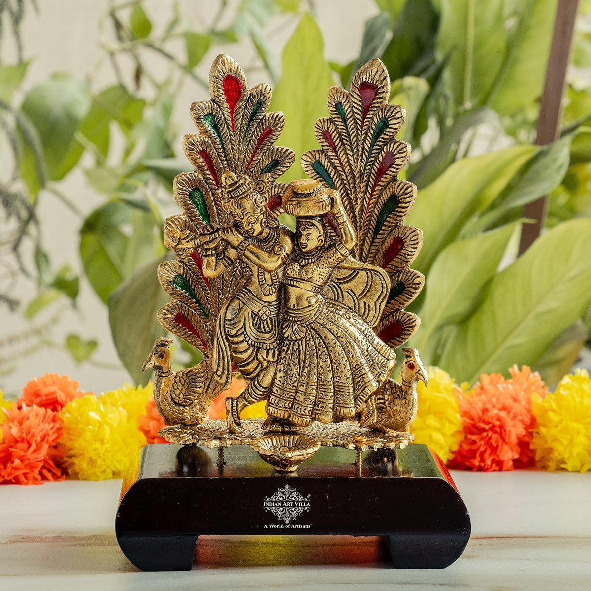 Brass Finish Colorfull Radha Krishna Murti with Wooden Base