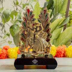 Brass Finish Colorfull Radha Krishna Murti with Wooden Base