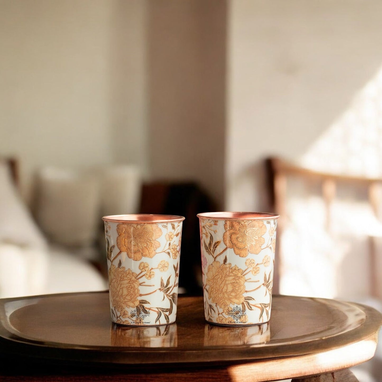 Pure Copper Gold Flower Print Glass – 275 ML