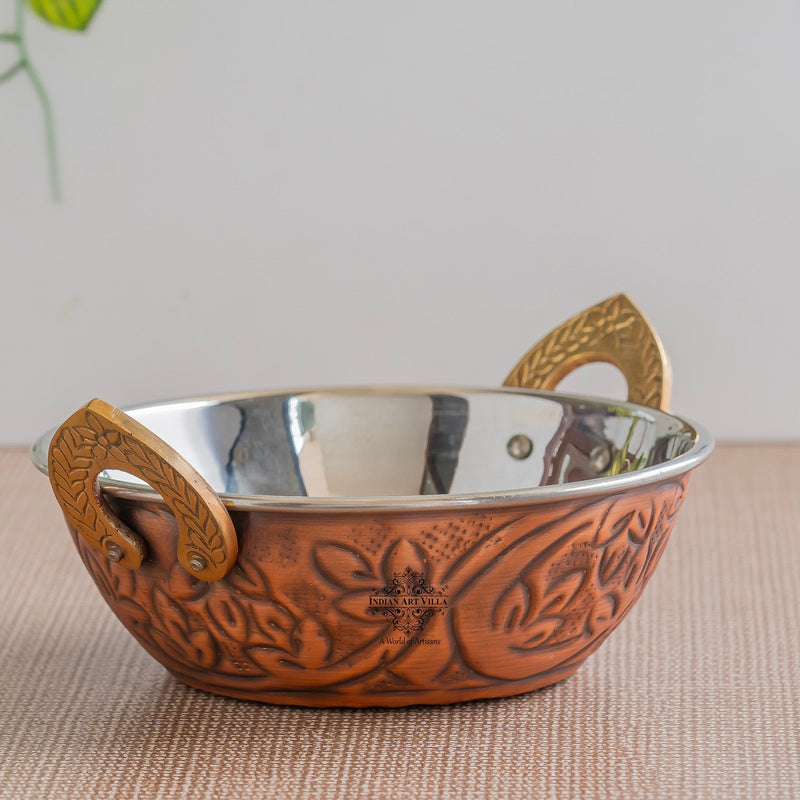 Indian Art Villa, Steel Copper Embossed Antique Dark Tone Design Kadhai with Different Size