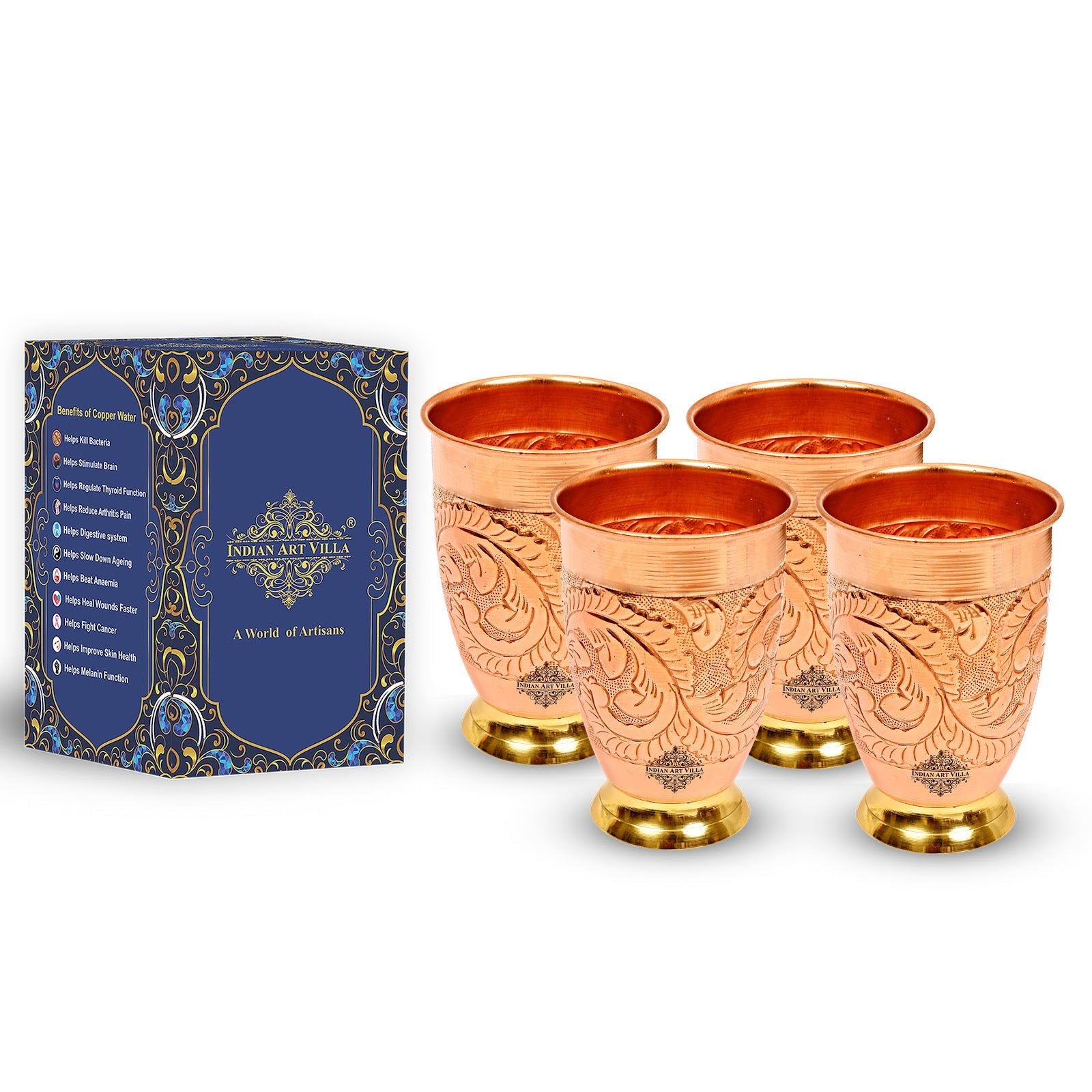 Handcrafted Pure Copper Embossed Design Glass With Brass Bottom