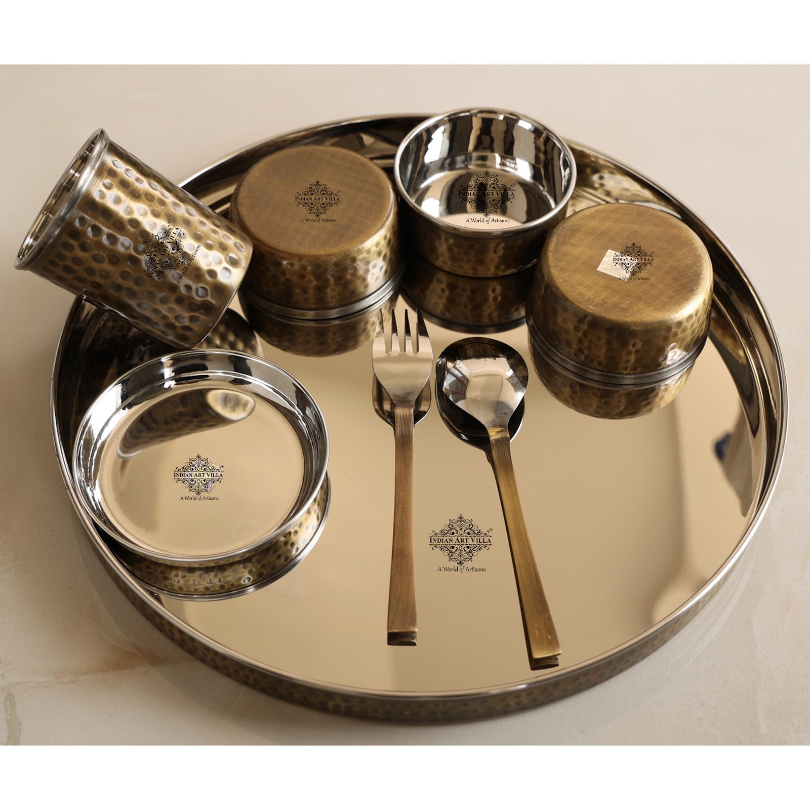 Steel Brass Hammered Design Thali Set/ Dinner Set, Antique finish, 33cm 8 Piece set