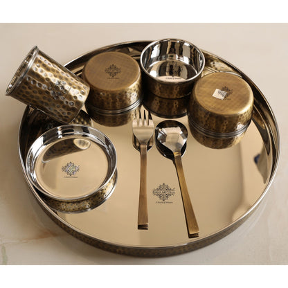 Steel Brass Hammered Design Thali Set/ Dinner Set, Antique finish, 33cm 8 Piece set