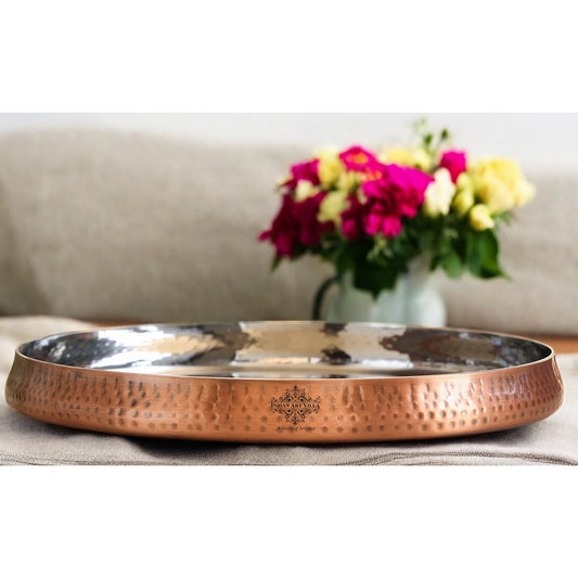 Indian Art Villa, Pure Steel Copper Thali Plate,  Antique Finish Hammered Curved Design, Traditional Dinnerware & Tableware