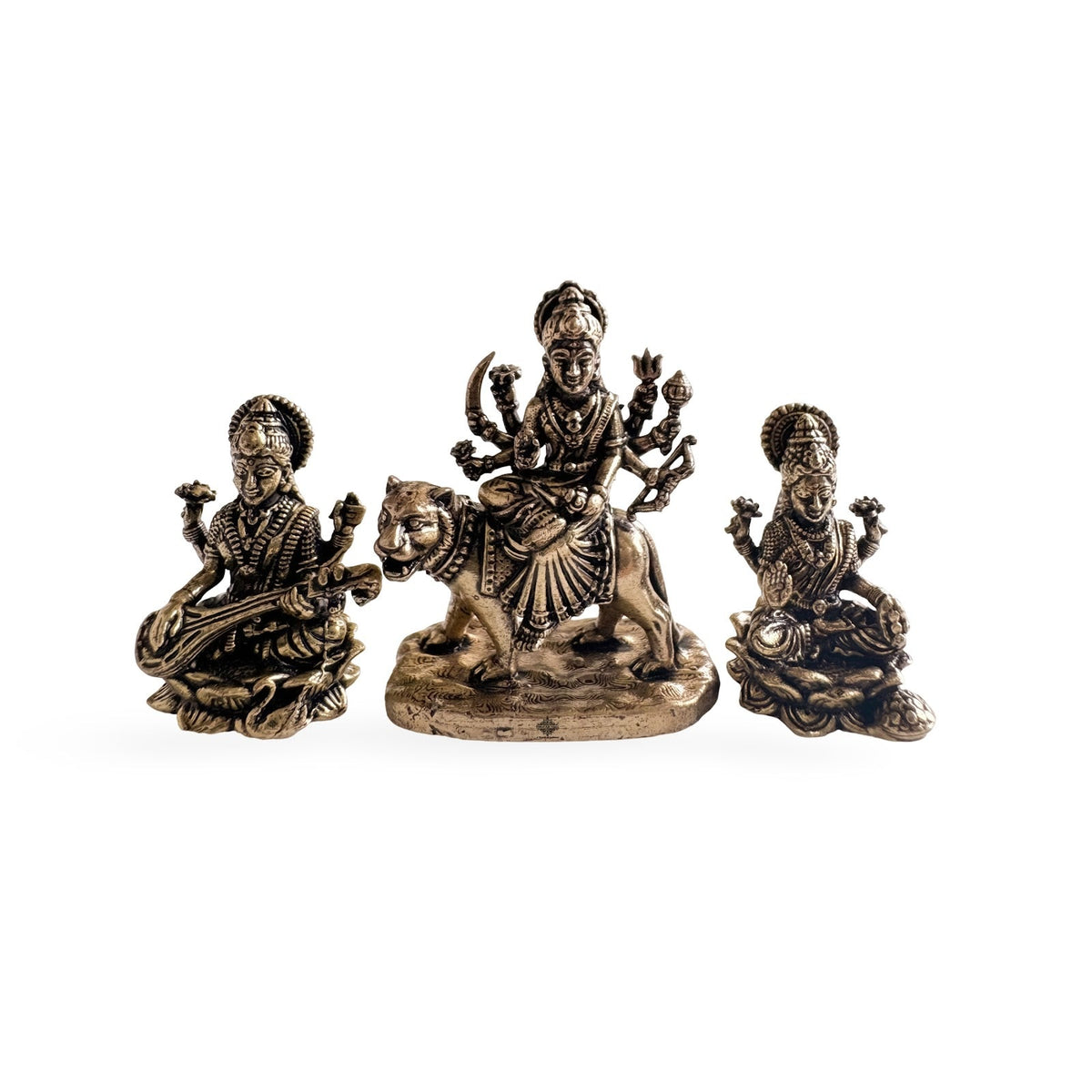 Pure Brass Miniature Durga Lakshmi Saraswati Combo - Navratri Tridevi Combo