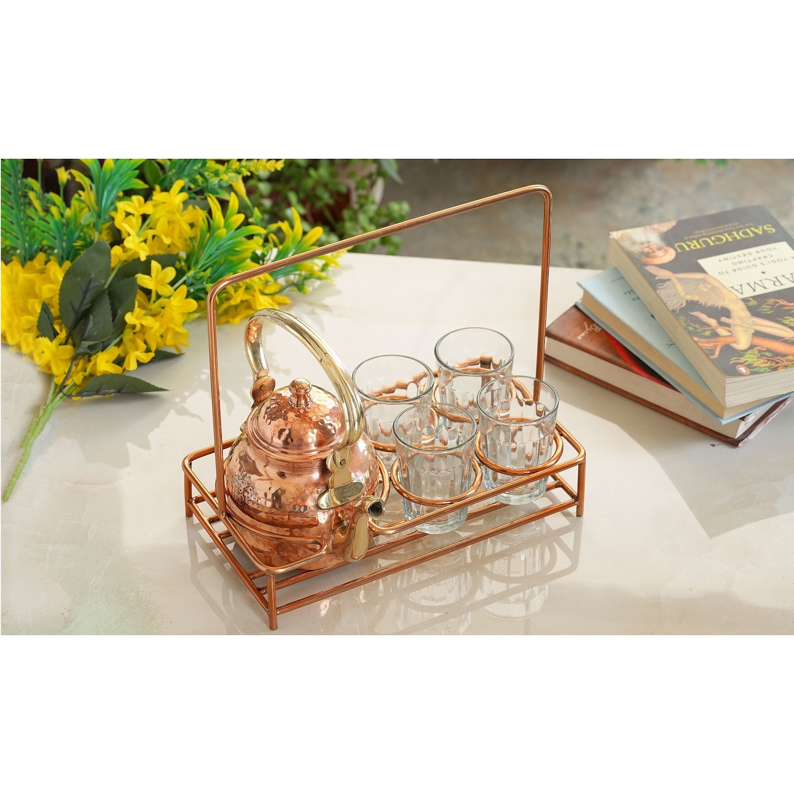 Copper Hammered Tea Pot with Brass Handle with 4 or 6 Glass Tea Cup