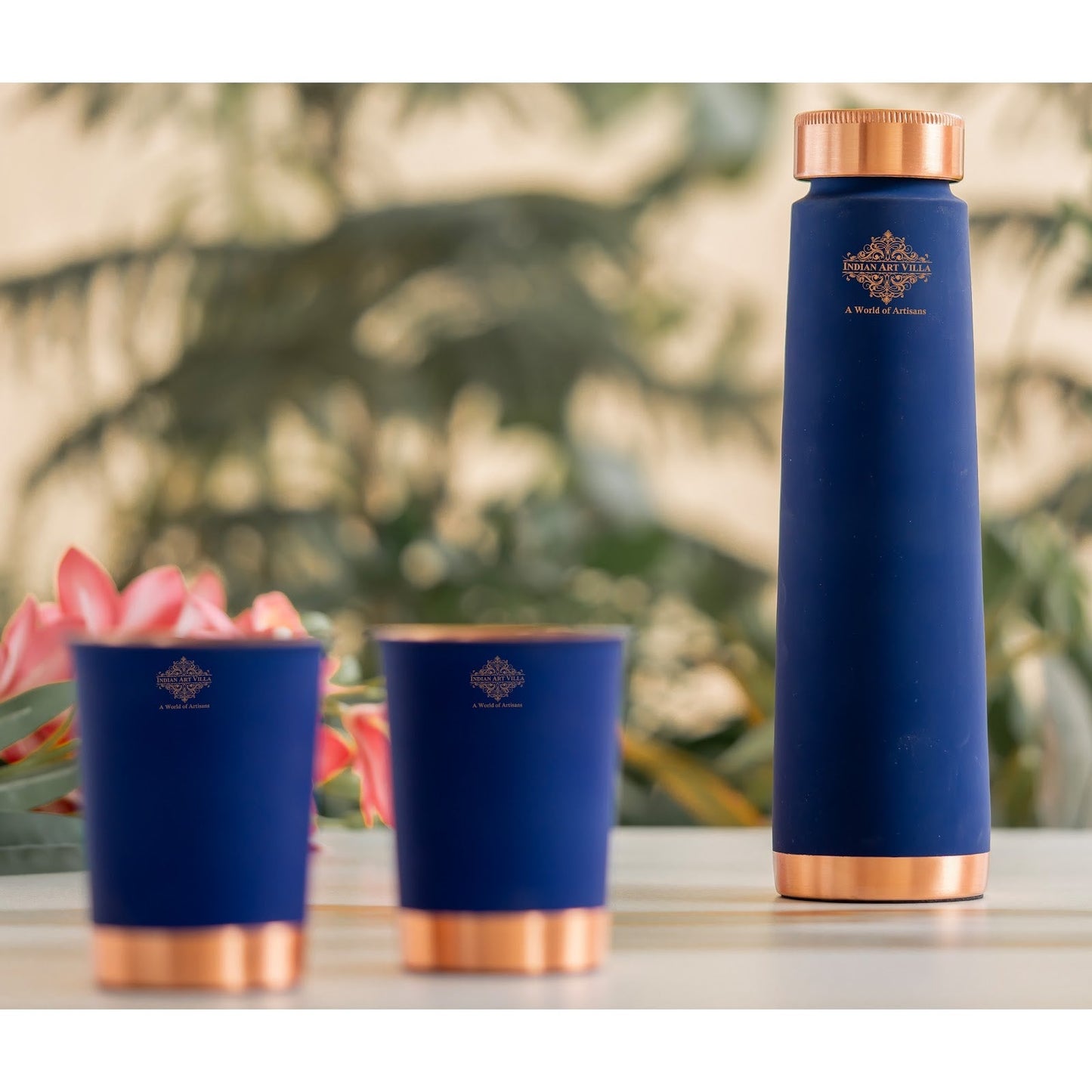 Pure Copper Bottle And Glass Set With Silk Finish Pyramid Design