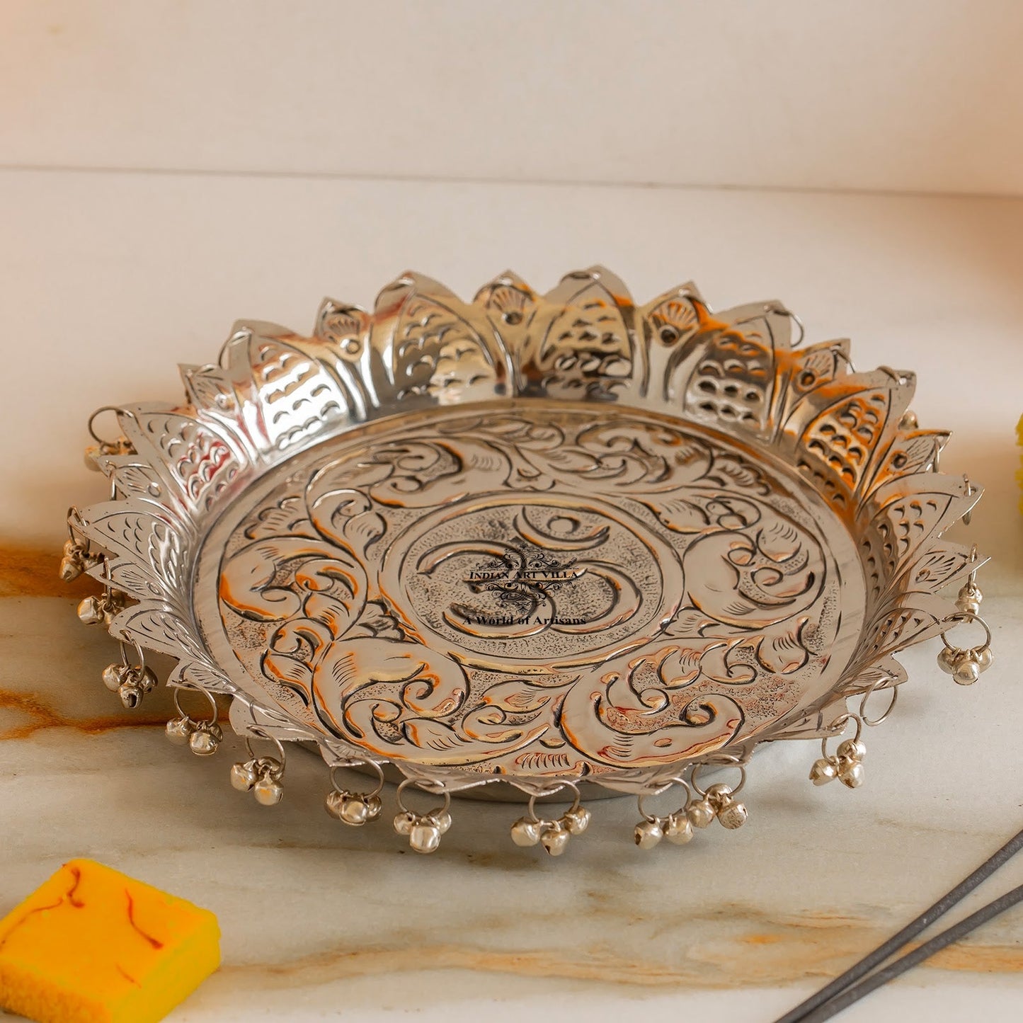Silver Plated Pooja Thali Intricate Floral Pattern - Lightweight & Durable